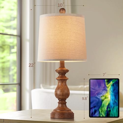 Image of PARTPHONER Traditional Table Lamp Set of 2, Rustic Farmhouse Table Lamps for Living Room Bedroom, 22 inch Bedside Desk Lamps Vintage Nightstand Lamps with Linen Shades, Wood Grain