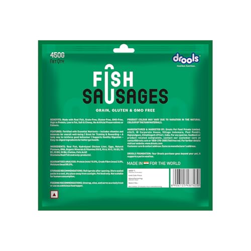 Image of Drools Adult & Puppy Sausage for Dog, 450g | Real Fish Flavour | High Protein | Treat & Food Topper | Grain Free | Best for Training & Bonding | No Preservatives