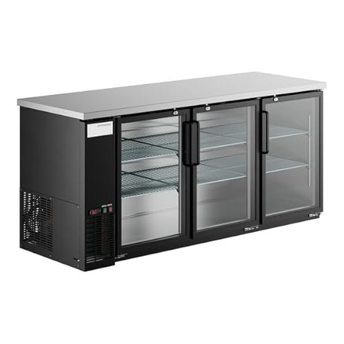 Image of Glownary 73-Inch Black Glass Door Back Bar Refrigerator, 3-Door Commercial Beverage Cooler with LED Lighting, Galvanized Steel Top, 21.6 Cu. Ft Capacity, 72.75x24.44x34.81 Inches