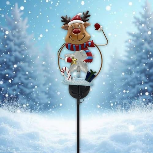 Bebykilemi Luce da giardino a energia solare con cappello rosso festivo e agrifoglio, decorazione natalizia in metallo per esterni, per vialetti e vialetti, resistente alle intemperie (renne di ferro)