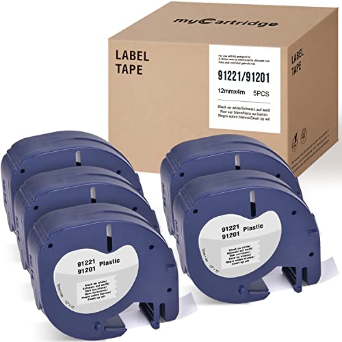 Mycartridge Compatible Dymo Letratag 91221 91201 12mm x 4mlabel tape para DYMO LT-100H LT-100T Plus QX50 XM XR 2000 Negro sobre blanco (paquete de 5) Cover
