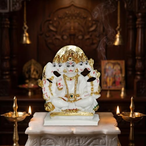 Image of Panchmukhi Hanuman Idol Marble Finish | Five-Faced Hanuman Statue for Home Temple Decor | Gold Painted Hindu God Showpiece for Puja Room & Gift
