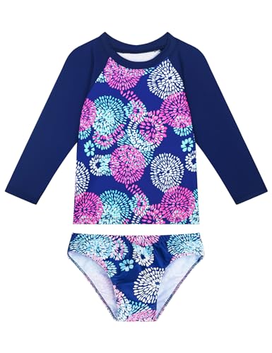 Image of Snowheart Girls Bathing Suit Size 3t 4t Dark Blue Flowers Two Pieces Long Sleeve Swimwear Sets