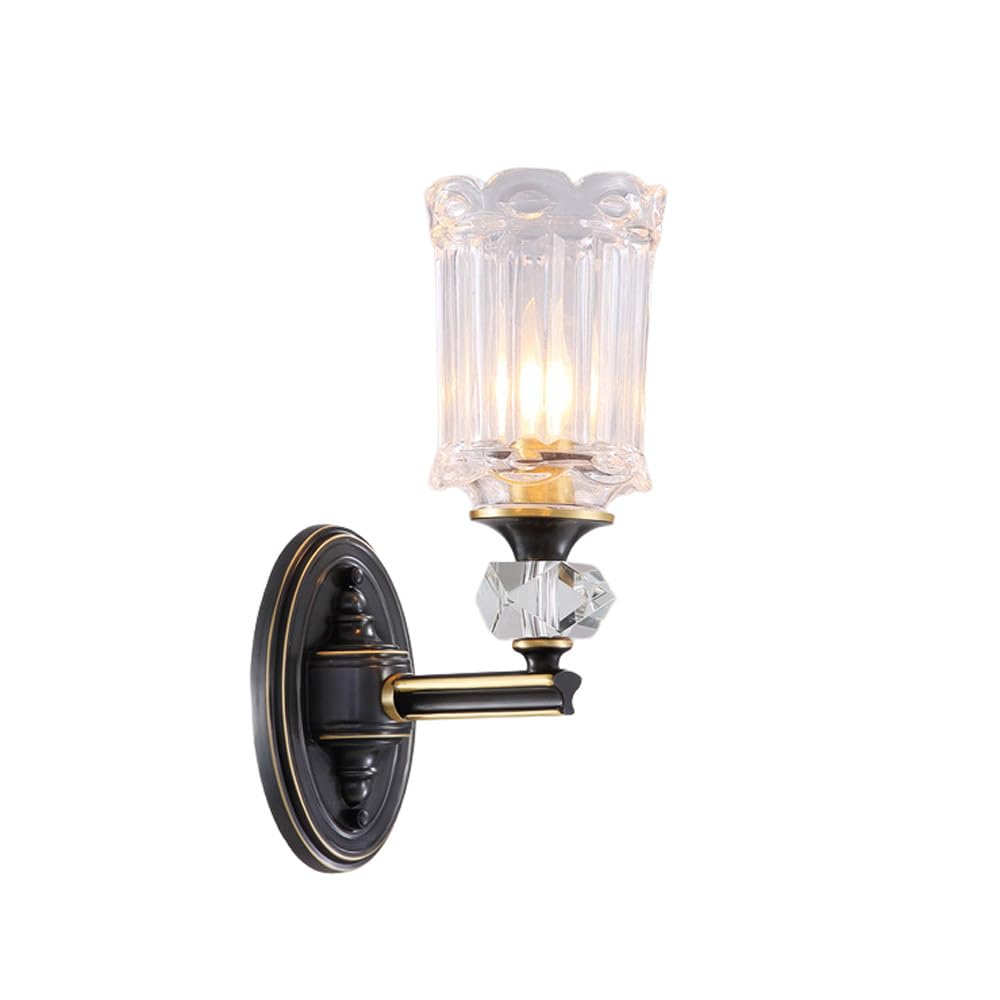 Applique da Parete per Interni in Ottone Anticato, Lampada da Comodino Vintage con Paralume in Vetro Trasparente, Lampada da Parete Rustica in Stile Fattoria, Lampada da toeletta di metà secolo,