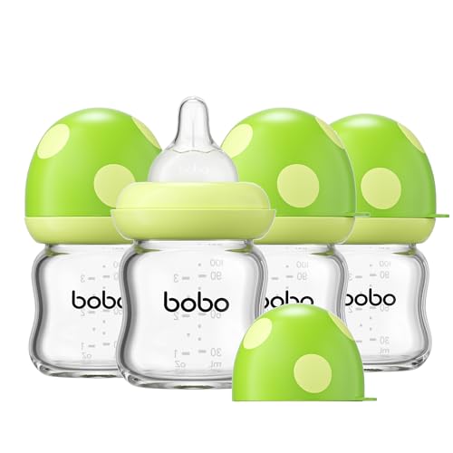 Image of YOHKOH Natural Glass Baby Bottle with Level 1 Slow Flow Nipple, Newborn Anti-Colic Baby Bottles, Wide Neck Mushroom Baby Glass Bottle (Green, 3.4oz (Pack of 4))