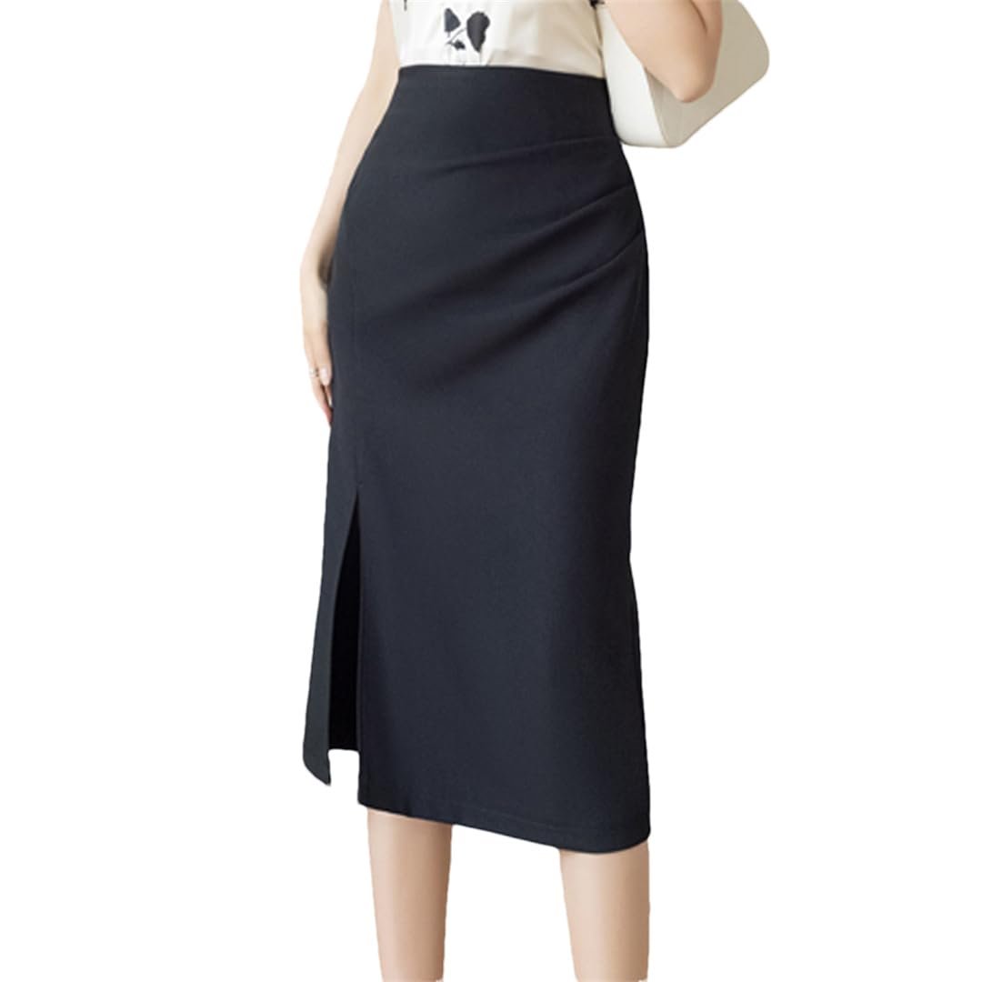 Hcclijo Faldas Rectas OL Formales De Oficina para Mujer Elegantes Pliegues Cintura Alta Dividida Paquete De Caderas Faldas Midi