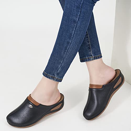 Ecetana Womens Clogs Comfortable Slip On Mules Sneakers Shoes For Women Casual Summer Wedge Walking Mules Black Leather Clogs #TOP1