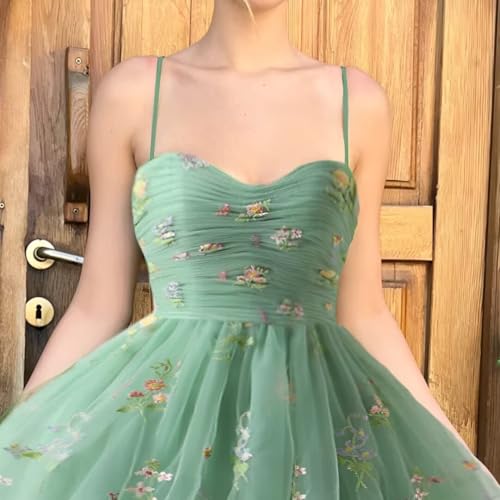 Flower Embroidery Prom Dresses Tulle Ball Gown Spaghetti Straps Tea Length Formal Party Dress with Pockets4
