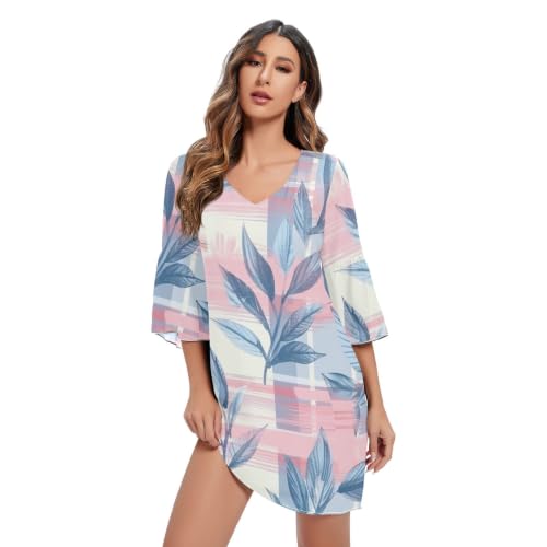 Robe cocktail en mousseline au motif feuille plaid bleu rose avec finitions haut de gamme