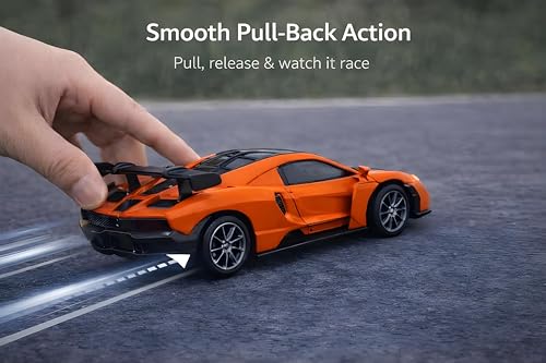 Image of 1:32 Scale Mc-Laren Model Super Car - Exclusive Alloy Metal Pullback Toy with Openable Doors, Lights, and Music for Kids (Orange)