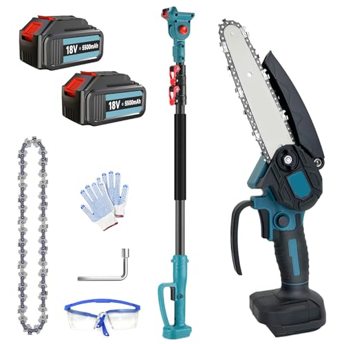 Hochentaster Akku 6 Zoll Mit 2 x 5500mAh Akku, Bürstenlose Teleskop Astsäge, 180° Schwenkbarem Motorkopf Hochentaster elektrisch, Verstellbare Stange bis 1,5M