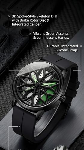 Image of Oculus Men's 3D Car Wheel Rotating Watch, Luxury Sport Quartz with Hollow Hub Dial, Magnetic Silicone Strap, Automotive-Inspired Design, Black Magnetic Straps