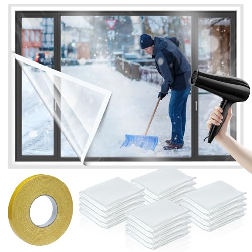 12 Pcs Window Insulation Kit Total 63 × 564 inches POF Shrink Film Insulator Fits up to 12 Windows with Double Side Tape Waterproof Insulation kit for winterizing Winter