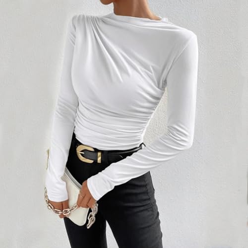 Kxydlww Langarm-T-Shirt für Damen mit Ausschnitt, Langarm-T-Shirt mit Rundhalsausschnitt mit klassischer Passform, sexy T-Shirt Y2K Langarmshirt Crop Top Elegante Slim Fit Tops, Weiß, Small