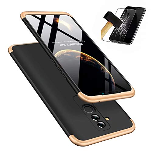 MISSDU Coque Huawei Mate 20 Lite + Verre trempé écran Protecteur, 360 Degrés Complète Protecteur Anti-égratignures Solide PC Plastique Coque Housse Etui Cover, Or Noir