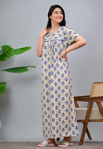 Image of DIAMO Pure Cotton Designer Nighty for Women | Night Gown | Nightdress | Maxi Nighty | Sleepwear | Jaipuri Nighty | Nighties | Cotton Night Gown for Women /Girls with Jaipuri Block Print