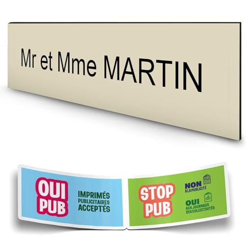 DECOHO - Plaque boite aux lettres personnalisée adhésive 100x25mm - beige lettres noires - 1 ligne gravure laser + Stickers Stop Pub - Beige