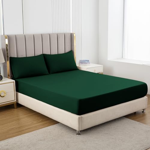 Soifox Double Fitted Sheet Dark Green, Bed Sheets with Extra Deep Pocket 16 inch (40 cm) - Image 2