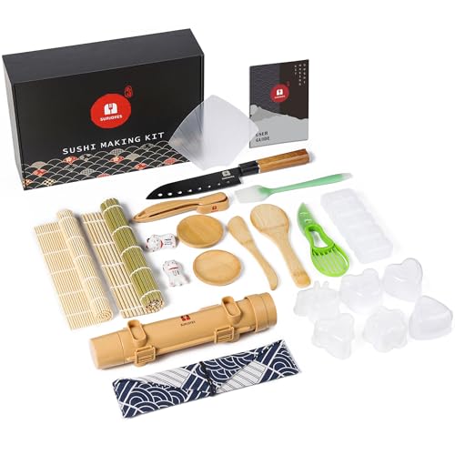 SUPJOYES Sushi Making Kit - 27 in 1 Complete Maker for Beginners, With Bamboo Rolling Mat, Bazooka, Knife, Chopsticks, Nigiri/Onigiri/Gunkan Molds, Guide Book & More