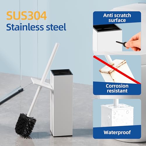 Image of RUACQ Toilet Brush and Holder Set, Square, White, 2 Pack | SUS304 Stainless Steel Handle, Toilet Cleaner Brush with Durable Scrubbing Bristles, Splash-Proof