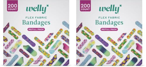 Image of Welly Bandage Refill Ready Pack | Adhesive Flexible Fabric Bandages | Bulk Assorted Shapes and Patterns for Minor Cuts, Scrapes, and Wounds - 200 Count (Pack of 2)