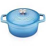 vancasso Cazuela Hierro Fundido Pequeña, 20 cm 2 Litros Redonda Ollas de Hierro Fundido con 2 Asas, Horno Holandés Fundido Hierro para Cocina Estofado, Paella, Freír, Asar, Saltear - Azul