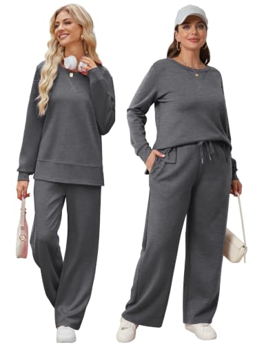 Image of OFEEFAN Women's 2 Piece Lounge Set Travel Airport Outfits Side Slit Tracksuit Wide Leg Loungewear Baggy Comfy Sweatsuit S-3XL