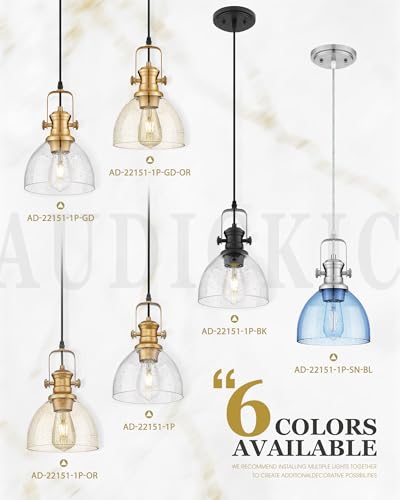 Image of 2-Pack 7.5 inch Brushed Nickel Pendant Lights, Blue Seeded Glass Shade | Farmhouse Vintage Hanging Light Fixtures for Kitchen Island Dining Room, Adjustable Hanging Height, E26 Base, 22151-1P2-SN-BL