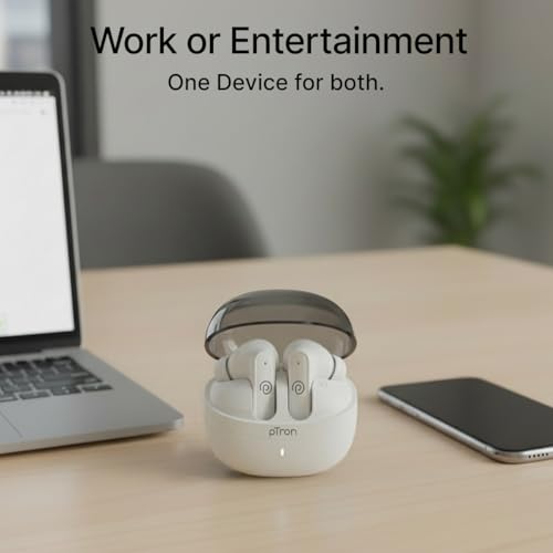 Image of pTron Bassbuds Indie in-Ear TWS Earbuds w / 10mm Drivers, 45Hrs Playtime, Dual HD Mic & AI-ENC Calls, Custom EQ, Mobile App, Bluetooth V5.4 Earphones, Voice Assistant, Type C Charging & IPX5 (White)