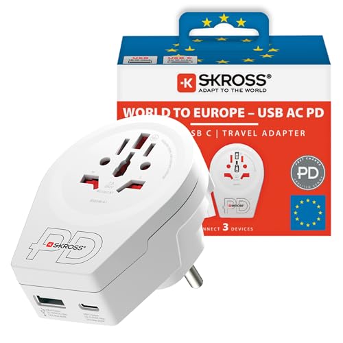 Skross World to Europe USB AC20PD Travel Adapter, With 1 USB Type C And 1 USB Type A Port, Fast Charging, Power Delivery, Shock Protection