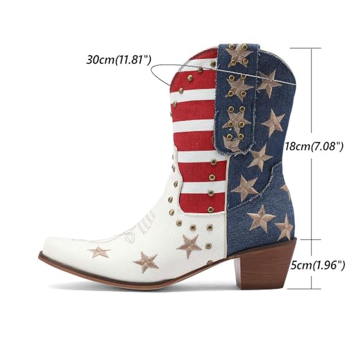 Embroidered Cowboy Western Jean Boots Women USA Flag Cowgirls Ankle Booties Comfy Dress Heeled Shoes Stars Stripes Studded Rivets Footwear for Cosplay Birthday Dance Mother’s Day2