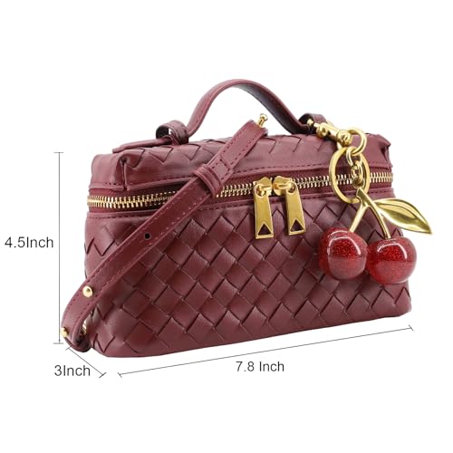 Image of Small Woven Box Crossbody Bags for Women Designer Leather Mini Top Handle Clutch Purse Square Vanity Bag with Cherry Charm