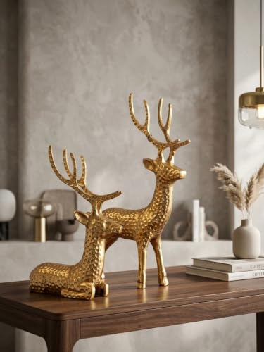 Image of Gold Deer Figurine Set of 2, Hammered Finish Reindeer Sculpture