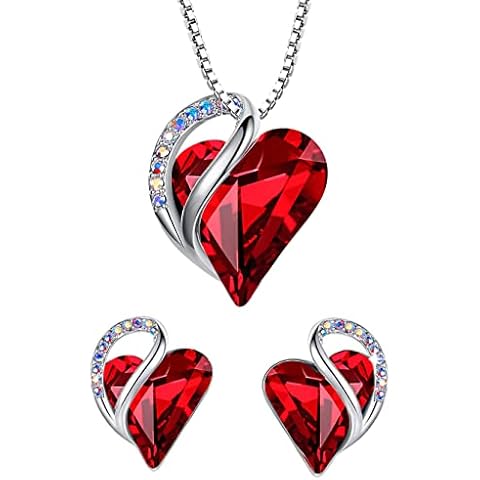 Leafael Infinity Love Heart Necklace and Stud Earrings for Women, July Birthstone Crystal Jewelry, Silver Tone Bundle Gifts for Women, Siam Ruby Red Cover