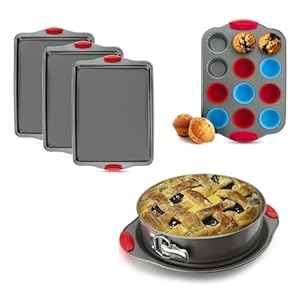 Boxiki Kitchen Ultimate Nonstick Bakeware Set: 3-Piece Baking Sheet Tray, 12 Cup Mini Muffin Pan with Silicone Liners, and 10 Inch Springform Pan – Heavy Gauge Carbon Steel for Professional Baking