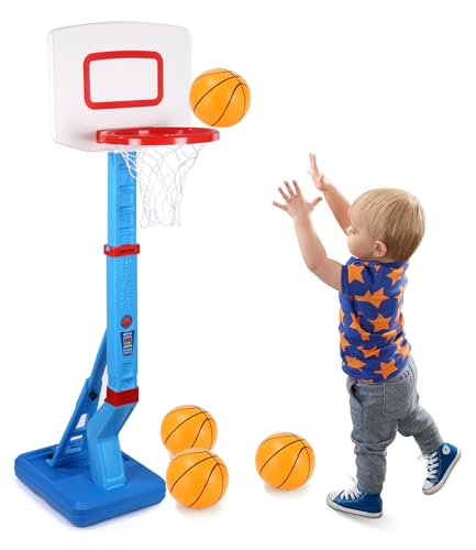 Canasta Baloncesto Infantil Interior,Juguetes Infantiles al Aire Libre para Niños 3 4 4 5 6 7 8 Años, Regalo de Baloncesto, Altura Ajustable, Estante de Baloncesto con 4 Baloncesto