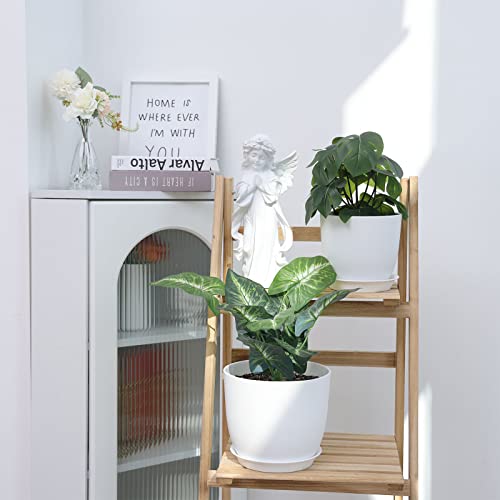 Whonline Plastic Plant Pots, 4 Pack 10/9/8/6 Inch Large Planters White Flower Pots for Indoor Outdoor Plants with Drainage Hole and Tray, Modern Decorative Pots for Home Garden