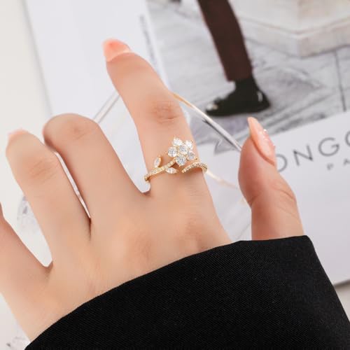 Kokoma Rotating Flower Wrap Finger Ring Spinner Ring for Women Sparkling Crystal CZ Floral Open Statement Ring Fidget Anxiety Ring Eternity Promise Rings Band2