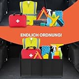 POUKO® Kofferraum Organizer Schwarz I Extrem stabiler Auto Organizer mit Anti-Rutsch-Klett I Praktische faltbare Kofferraumtasche für mehr Ordnung und Platz im Auto I Hochwertige Kofferraum Box