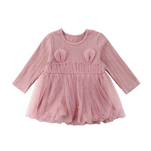 Toddler Kids Girls Fall Jersey Dress Long Sleeve Floral Tulle Cap Tutu Dresses Outfit (Pink (12-18 Months)) Rose