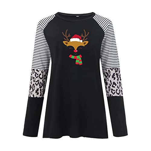 Kulywon Women Christmas Animal Print Print Casual O Neck Leopard Striped Splicing Long Sleeve Top Scoop Neck Shirt (Black, Xxl) #TOP3