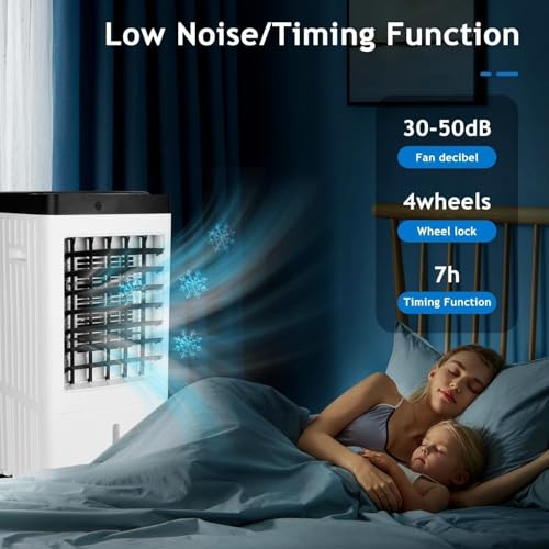 مبرد هواء تبخيري، يعمل كمروحة تبريد ب3 أوضاع و3 سرعات مكيف هواء محمول بدون نوافذ مزود بمؤقت 12 ساعة، جهاز تحكم عن بعد، وخزان مياه بسعة 10 لتر، يوفر تبريدًا سريعًا للغرفة من تي دو