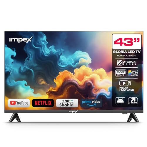 Impex 43 Inch Smart Android Full HD LED TV 8GB ROM Quad Core Processor A+ Grade Panel E-Share Mirroring 50000Hrs LED Life Wall Mountable Energy Saving 2 Years Warranty Gloria 43 Smart