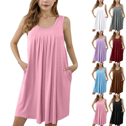 Girls Sleeveless 𝗡ightgowns with Pockets Summer Flowy Pleated Front 𝗡ightdress Crewneck Tank Dress 𝐒leepwear