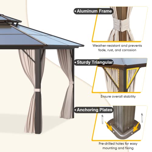 Mellcom 12 X 12Ft Hardtop Gazebo, Polycarbonate Double Roof Aluminum Gazebo, Outdoor Waterproof Canopy Gazebo With Netting And Curtains For Garden, Backyard, Lawns #TOP3