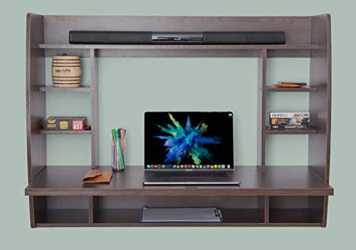 Image of Basicwise Wall Mount Laptop Office Desk with Shelves, Brown,