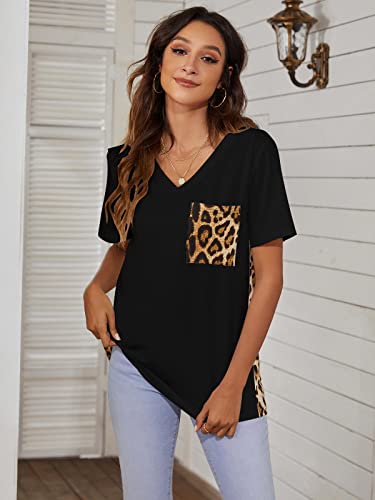 Blooming Jelly Women's Leopard Print Tops Casual Summer Loose V Neck Shirts Short Sleeve Blouses With Pocket (Medium, Black) #TOP6