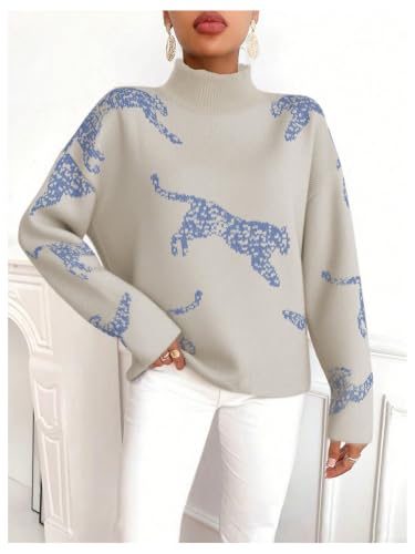 Image of WDIRARA Women's Leopard Tiger Print Sweater High Neck Long Sleeve Fuzzy Knitted Pullover Top