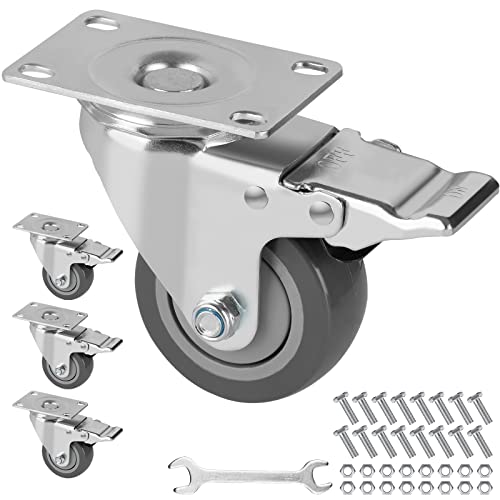 Velway 4 Ruedas Industriales Giratorias 75mm con Freno para Muebles, Carga de 255kg Rueda de Goma de 360 grados Silencioso y Universal de Alta Resistencia Gris Cover