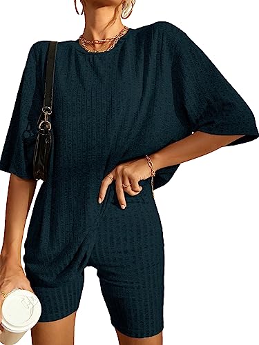 Image of WDIRARA Women's 2 Piece Outfits Ribbed Short Sleeve Drop Shoulder Tee and Shorts Set Tracksuits Navy Blue S
